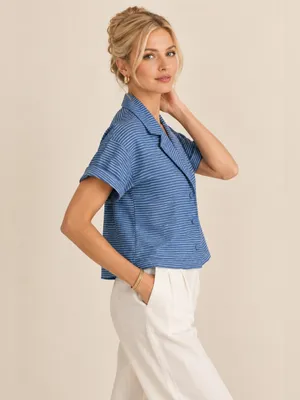SABO SKIRT Oversized Blue & White Striped Button-Down Short Cuff Sleeve Blouse thumbnail 2