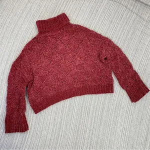 POL Chenille‎ Chunky Knit Turtleneck Crop Pullover Maroon Red Medium thumbnail 13