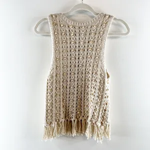 House of Harlow Wood Bead Beaded Fringe Hem Crochet Tank Top Tan XS thumbnail 4