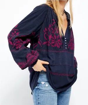 Free People Persuasion Embroidered Boho Chic 100% Cotton Floral Blouse -medium thumbnail 1