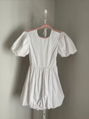 Glamorous Puff-Sleeve Mini Dress White Open Back Lace Up Skater Dress White Sz 4 thumbnail 5
