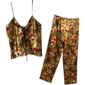 Jaclyn Smith Satin Pajama Lounge Set Animal Print Floral Small thumbnail 1