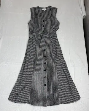 Banana Republic Linen-Blend Button Midi Dress Women's 6 Gray Pinstripe Chic Work thumbnail 1