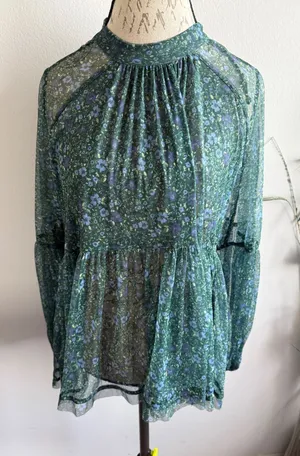 Free People Floral Sheer Mock Neck Peplum‎ Blouse Green Blue Size Medium thumbnail 1