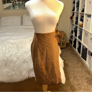 EXPRESS | Camel Faux Suede High Waisted Pencil Wrap Tie Side Grommet Ring Skirt thumbnail 2