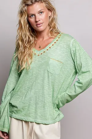 POL V-Neck Contrast Stitch Lightweight Knit Long Sleeve Top - Large thumbnail 1