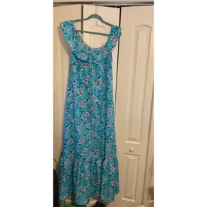 Vintage Hilo Hattie Hawaii Floral Maxi Dress Off Shoulder Ruffle Blue Purple M‎ thumbnail 9