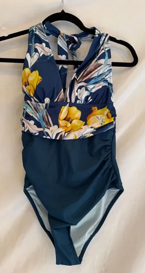 Cupshe‎ Womens Teal Blue Floral Ruched One Piece Halter Swimsuit NWT Size S thumbnail 1