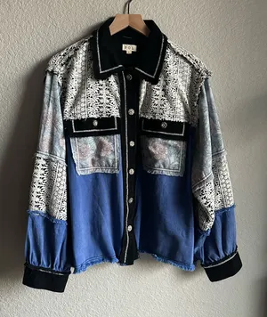 💙POL Floral Lace Patchwork Contrast Button Jacket thumbnail 1