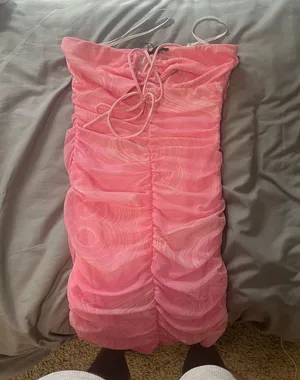 Pink white fox strapless dress thumbnail 1