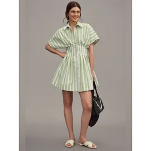 Exquise Tobie Green Striped Button Front Pleated Mini Shirtdress Medium New NWT thumbnail 2