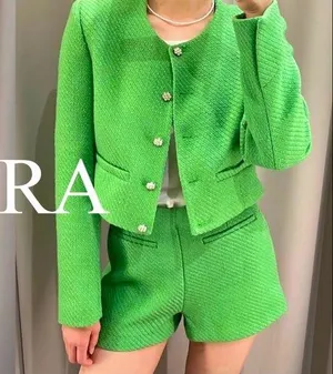 Zara Tweed Weave Structured High Waist Shorts Green Size S New thumbnail 2