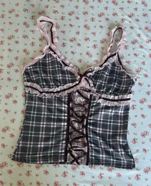 Plaid Lace-Trim Cami Top in Dark Gray and Light and Pink thumbnail 1