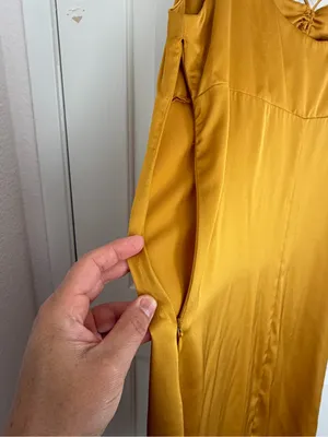 Zara Mustard Satin Midi Slip Dress‎ with Ruched Front Size Large thumbnail 4