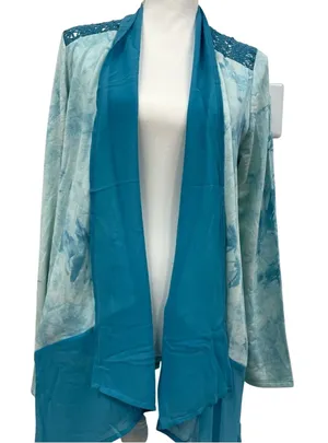 LOGO By Lori Goldstein Blue Tie Dye Crochet Kimono Open Front Cardigan M Sweater thumbnail 1