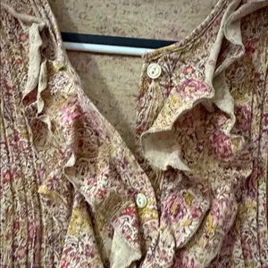 Ralph Lauren BROWN RED FLORAL RUFFLE L BUTTON UP BLOUSE BEIGE 100% COTTON thumbnail 3
