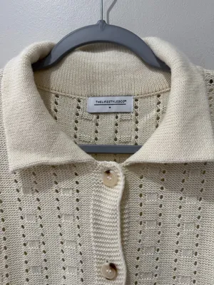 The Lifestyled Co Crochet Knit Short Sleeve‎ Sweater Oversized Fit Beige Sz M thumbnail 3