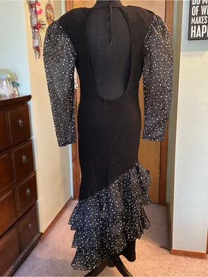 Nuance 80s black textured flamenco style dress chiffon polka dot accents size M thumbnail 3
