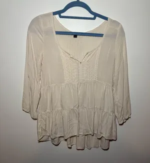 American Eagle Outfitters Cream Blouse Bohemian Airy Tiered Embroidered XS thumbnail 1