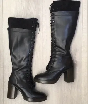 Steve Madden Size 6 Nitefall Black Leather Heeled Lace-Up Knee High Combat Boots thumbnail 1