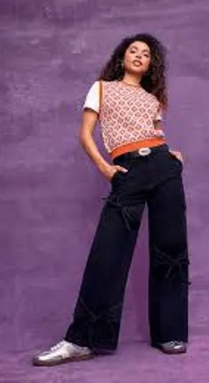 CIDER Baggy Wide Leg Jeans w Tie Details High Rise Black Size Large L Cargo Y2K thumbnail 1