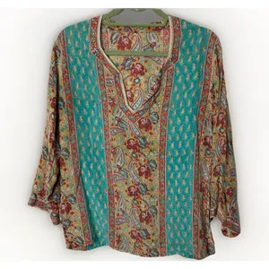 Tunic Top Women’s Boho Paisley 3/4 Sleeves Blouse Multicolor Embellished Medium thumbnail 1
