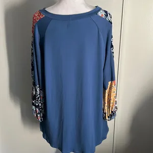 New Boho Balloon Sleeve Color Block Patchwork Jersey Knit Top Long Sleeve Blouse thumbnail 5