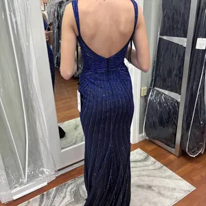 Sherri Hill Elegant Navy Blue Beaded Evening Gown thumbnail 2