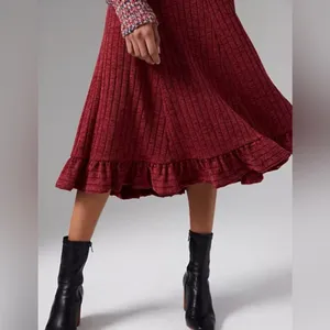 Anthropologie Pauline Midi Sweater Skirt Red Rouge Ruffled Ribbed Size XS thumbnail 2