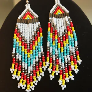 New..Colorful Seed Beaded Dangle Earrings Red thumbnail 1