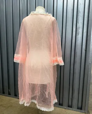 Vintage Lane Bryant Pink Mesh Lace Dressing Gown Cape Robe XS S M thumbnail 3