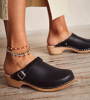MIA Sweden Alma Clog Wooden Leather Buckle Strap Black Boho Comfort Sz 37 EU thumbnail 1