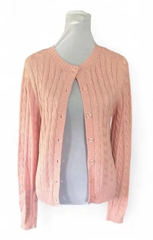 Women's Cable Knit Button-Up Cardigan Sweater - Pink thumbnail 1