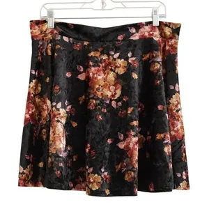 90s Grunge Say Anything‎ Floral Crushed Velvet Skater Mini Skirt XL Black Orange thumbnail 1