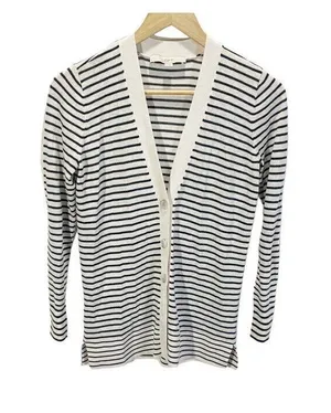 Loft Womens Cardigan Sweater Gray Striped Long Sleeve V Neck Knit Side Slit‎ XS thumbnail 1