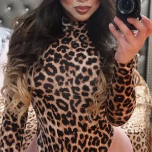 Leopard Print long sleeve bodysuit Tan thumbnail 1