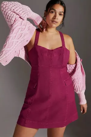Anthropologie Denim Cargo Mini Dress in Raspberry Pink thumbnail 1