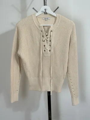Madewell Lace Up Front Chunky Knit Sweater Cream Beige Long Sleeve Preppy Size S thumbnail 1