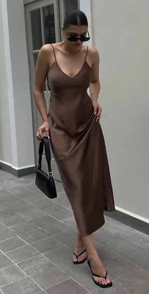 Zara dress midi maxi satin wedding lingerie chocolate brown party cocktail thumbnail 5