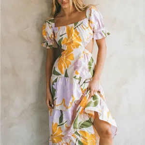 NWT Sabo Skirt Poppi Floral Cutout Tiered Maxi Dress Lavender‎ Orange Medium thumbnail 4
