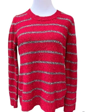 Madewell Wallace striped wool blend sweater red gray speckled knit large thumbnail 1