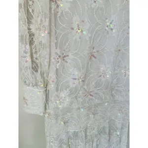 VTG Megere White Sequin Beaded‎ Dress M Long Sleeve Ruffle Hem Formal Wedding thumbnail 5