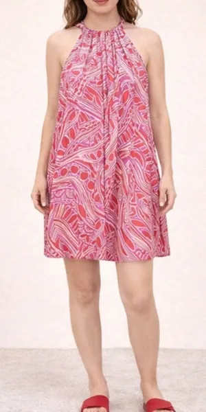 Trina Turk Dress 100% Silk Halter A-Line Mini Red Pink Tribal Print Size Medium thumbnail 1