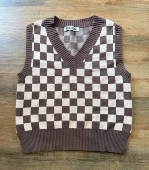 RebelFlow Brown & Cream Check V-Neck Sweater Vest thumbnail 1