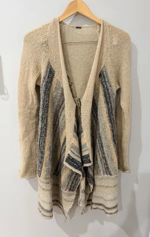 Free People Sz M Cardigan Toggle Closure Will Blend Tan Blue Metallic Waterfall‎ thumbnail 1