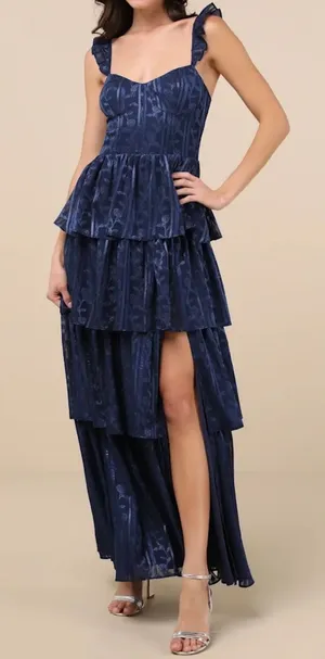 NWT Lulus Size XS Stunning Glory Navy Blue Floral Jacquard Tiered Maxi Dress thumbnail 1