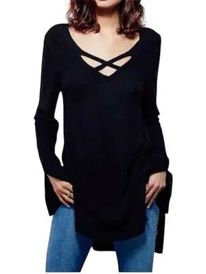 Free People Criss Cross Front Sweater Hi Lo Hem Slit Sleeve Cuffs Black Sz Large thumbnail 7