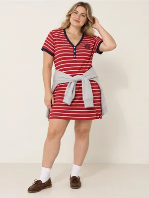 Lauren Ralph Lauren Striped Crest Henley Preppy T Shirt Dress Red Navy Size XL thumbnail 2