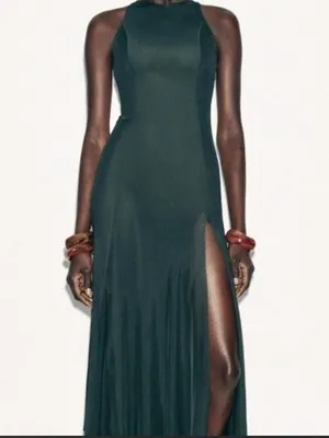 Sleeveless Dark Green mess Midi Dress with‎ Side Slit thumbnail 3