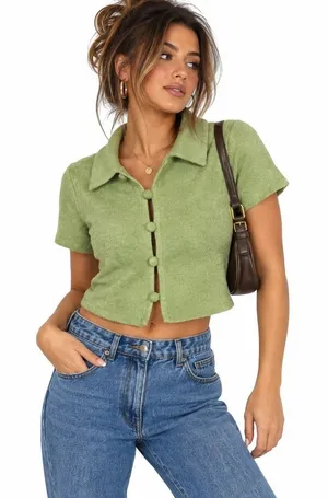 Beige Botany Terry Cloth Crop Top Womens S Pastel Green Button Front Collared thumbnail 1